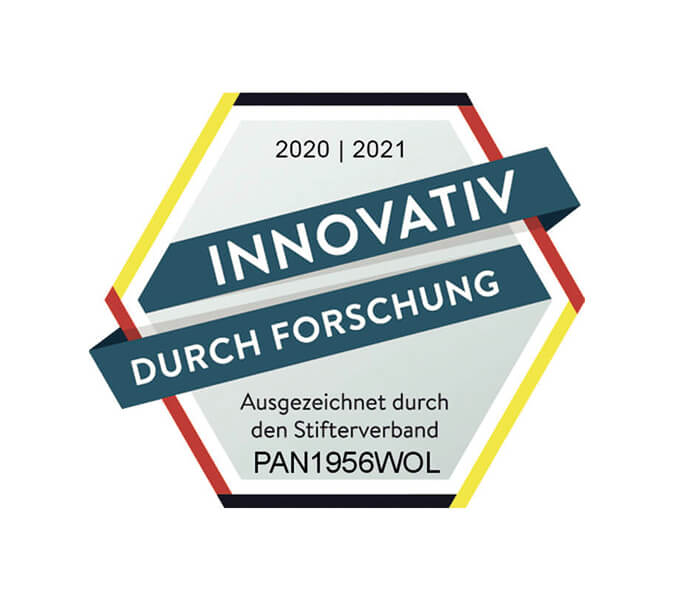 Seal "Innovative through Research" 2020 | 21. Awarded by the Stifterverband. PAN1956WOL